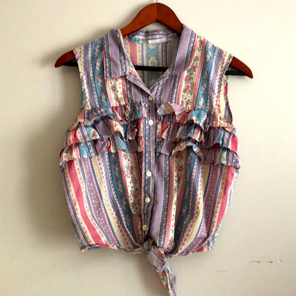 Vintage Ruffled Patterned Tie Top Blouse